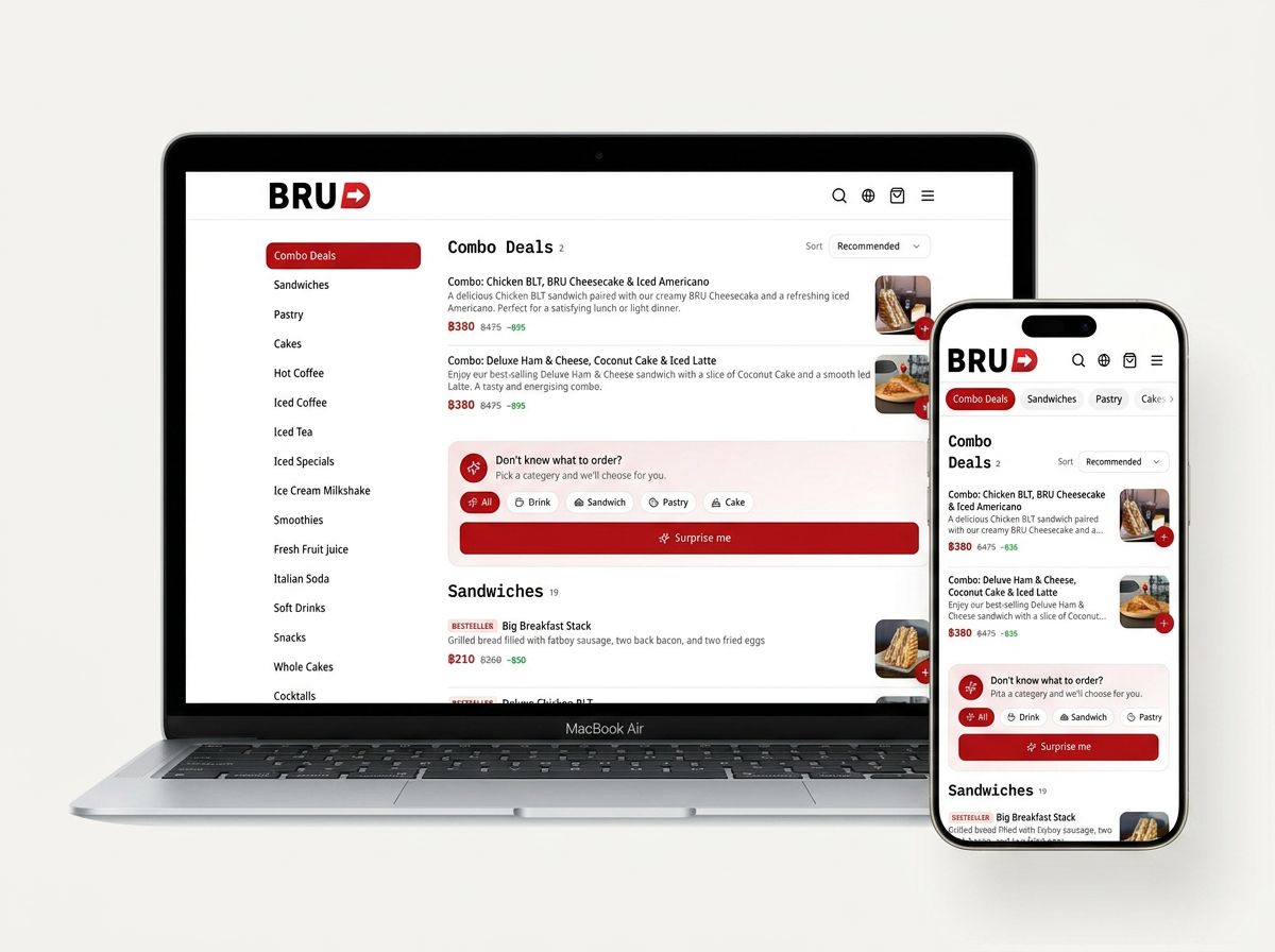 Live desktop and mobile screenshots of the BRU Direct website shown side by side