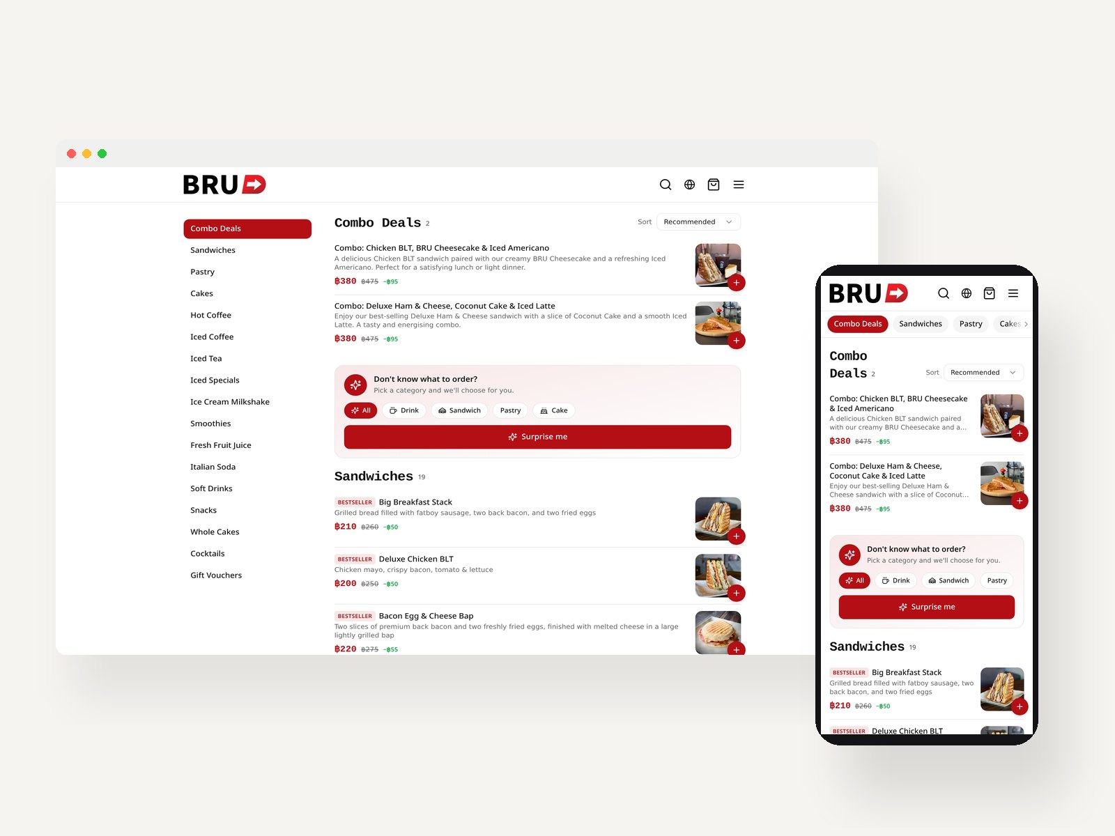 Live desktop and mobile screenshots of the BRU Direct website shown side by side