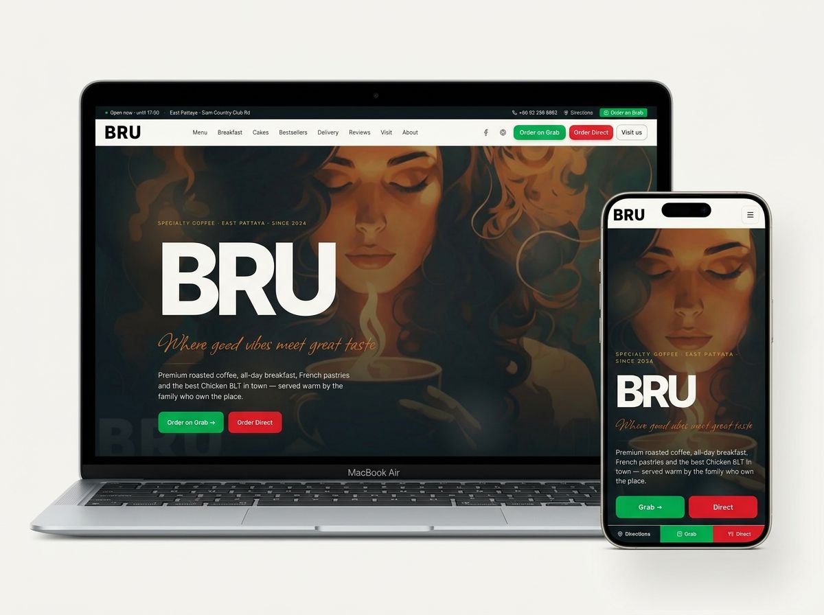 Live desktop and mobile screenshots of the BRU Pattaya website shown side by side