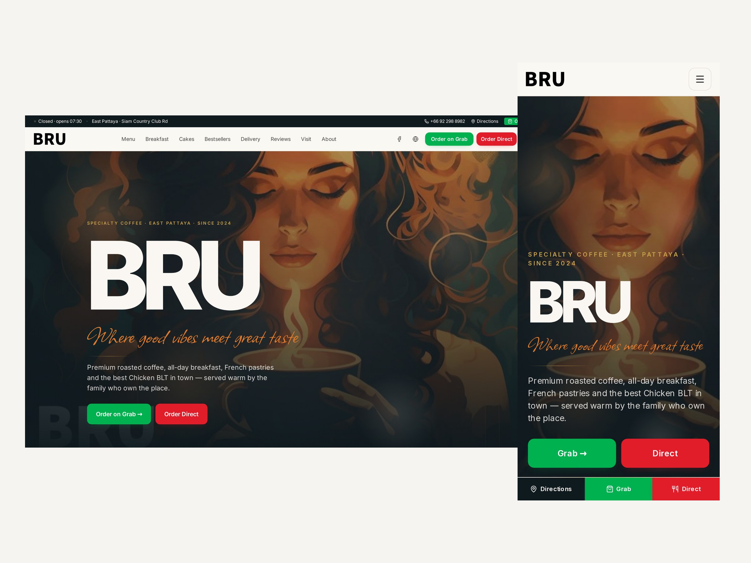 Live desktop and mobile screenshots of the BRU Pattaya website shown side by side