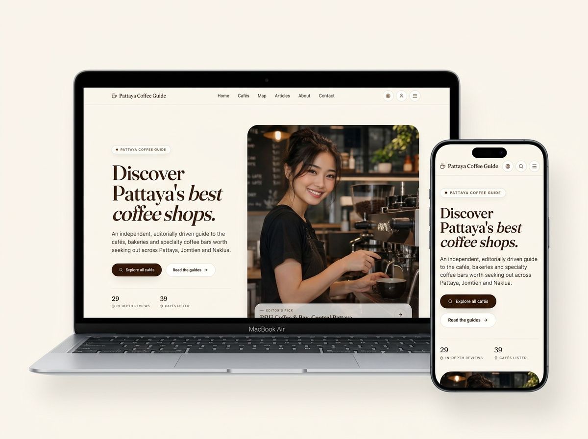 Live desktop and mobile screenshots of the Pattaya Coffee Guide website shown side by side