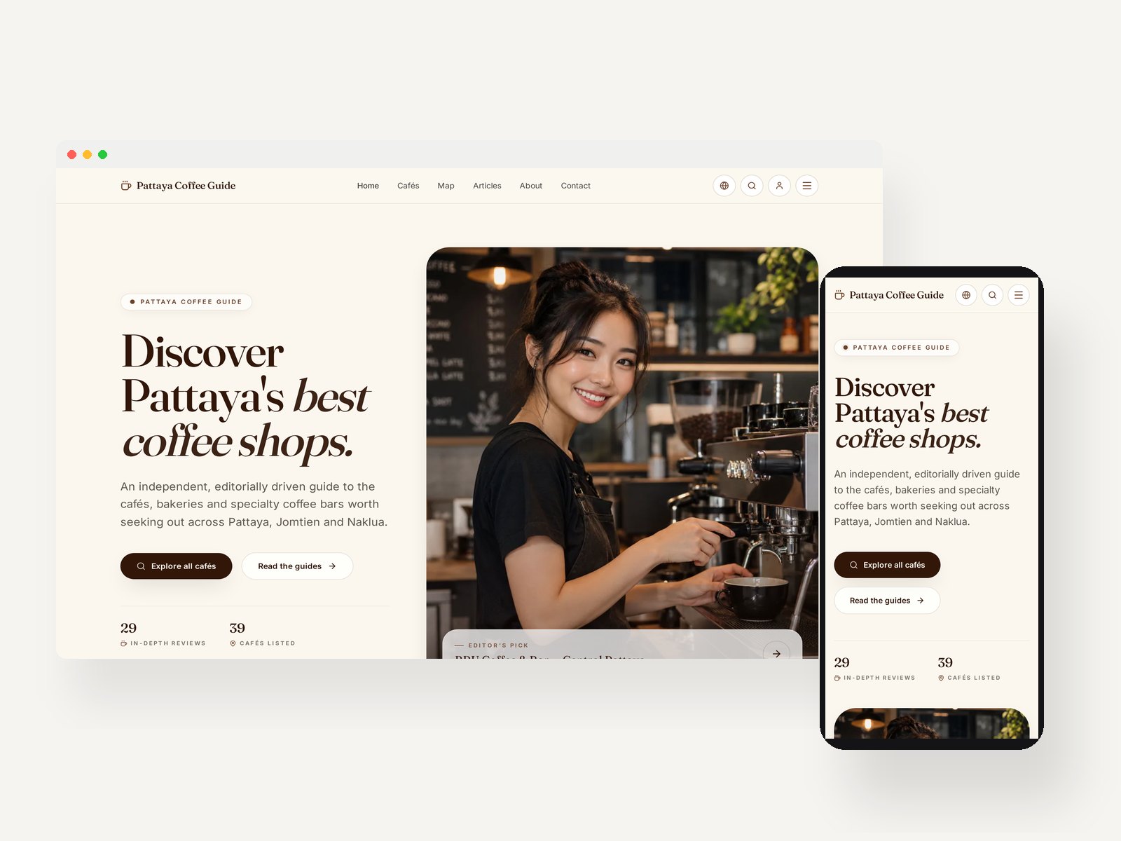 Live desktop and mobile screenshots of the Pattaya Coffee Guide website shown side by side