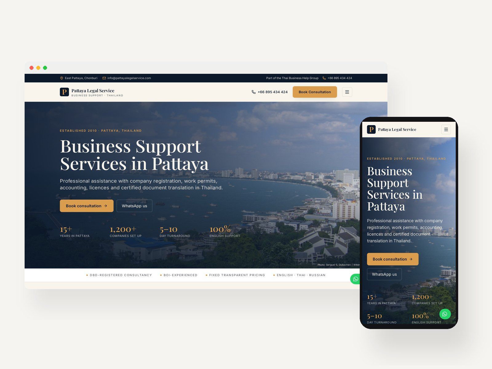 Live desktop and mobile screenshots of the Pattaya Legal Service website shown side by side