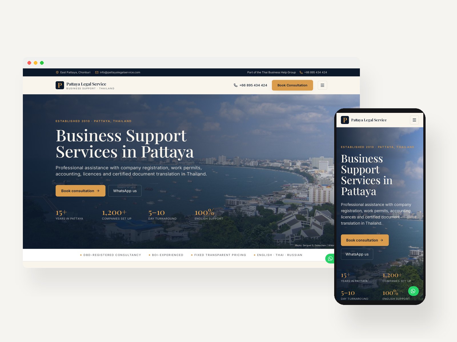 Live desktop and mobile screenshots of the Pattaya Legal Service website shown side by side
