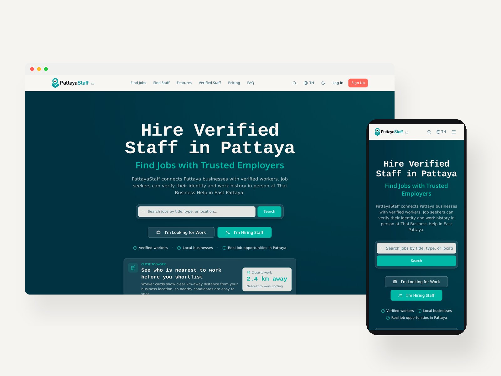 Live desktop and mobile screenshots of the PattayaStaff.com website shown side by side