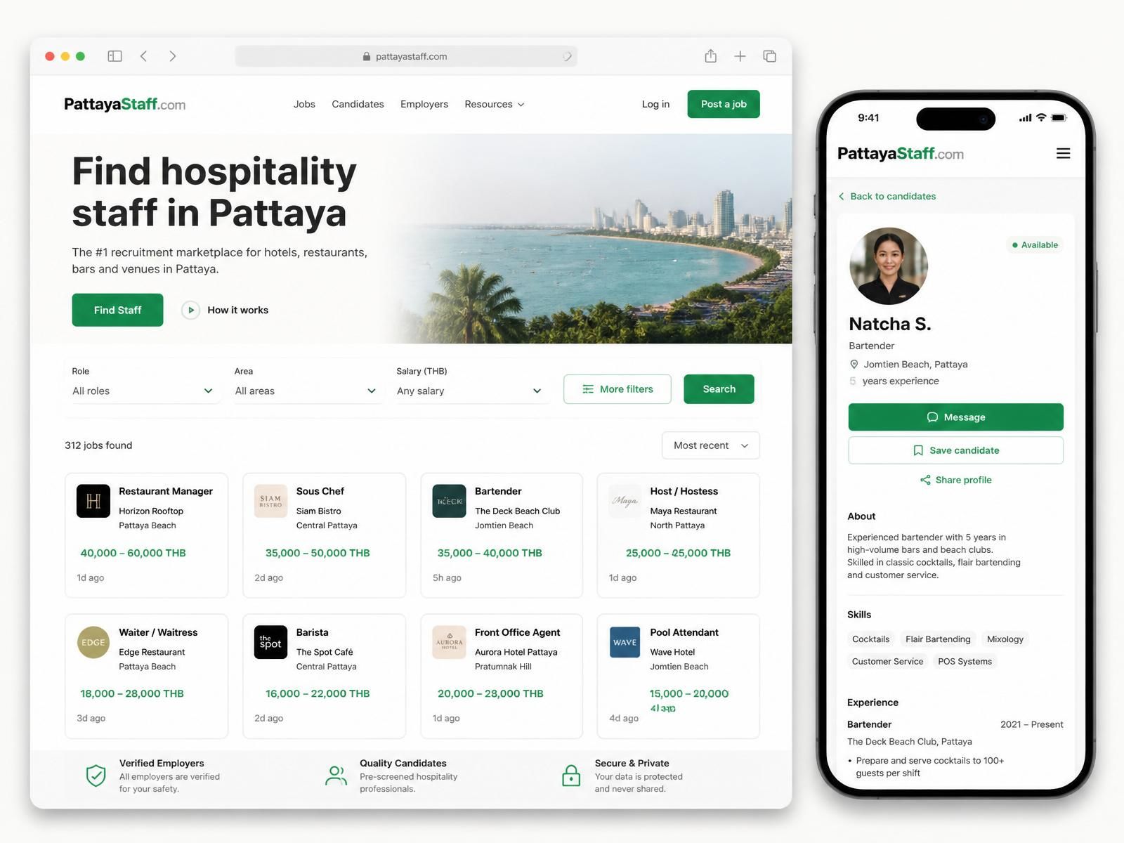 Live desktop and mobile screenshots of the PattayaStaff.com website shown side by side
