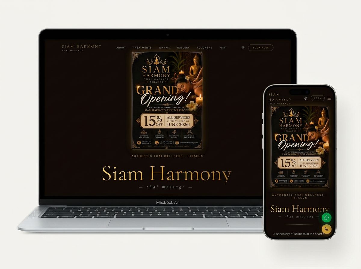 Live desktop and mobile screenshots of the Siam Harmony website shown side by side