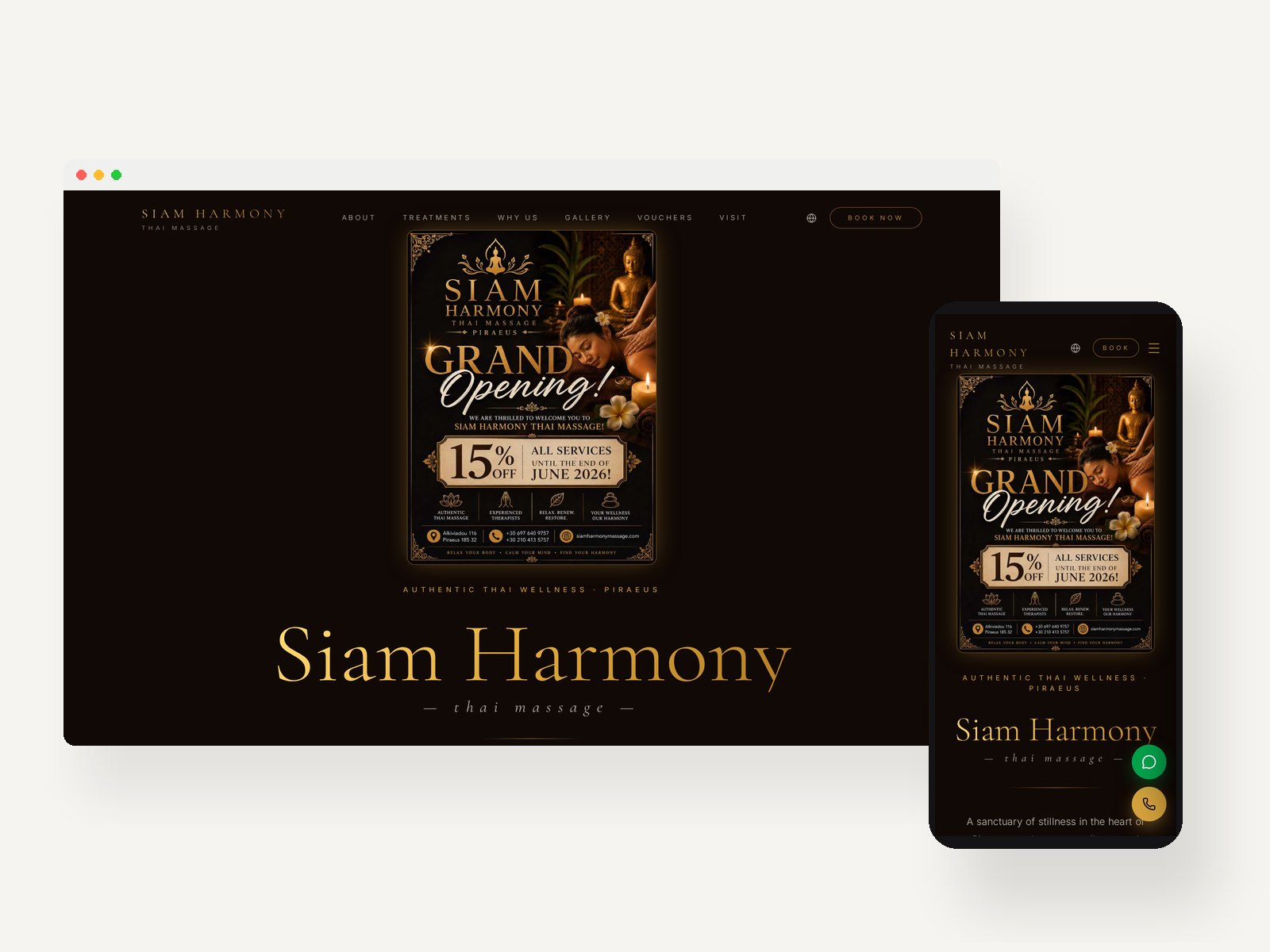 Live desktop and mobile screenshots of the Siam Harmony website shown side by side