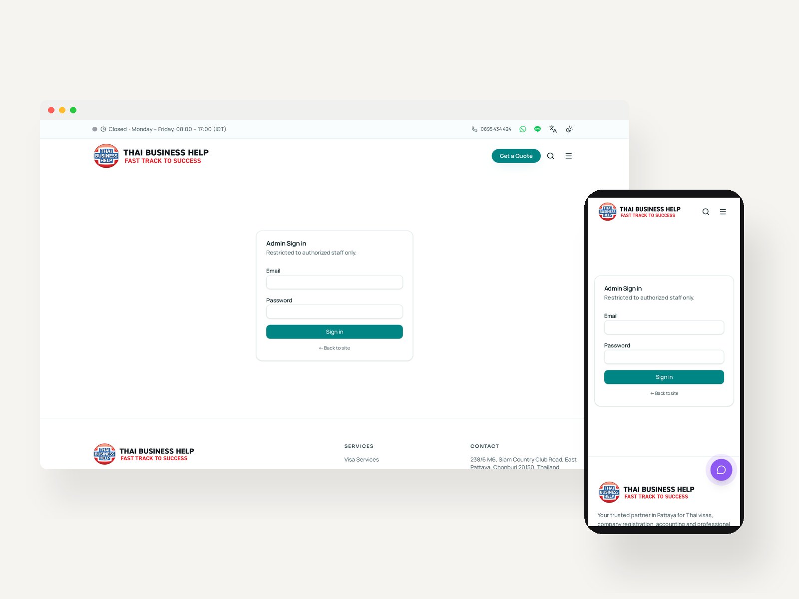Live desktop and mobile screenshots of the TBH Client Hub website shown side by side