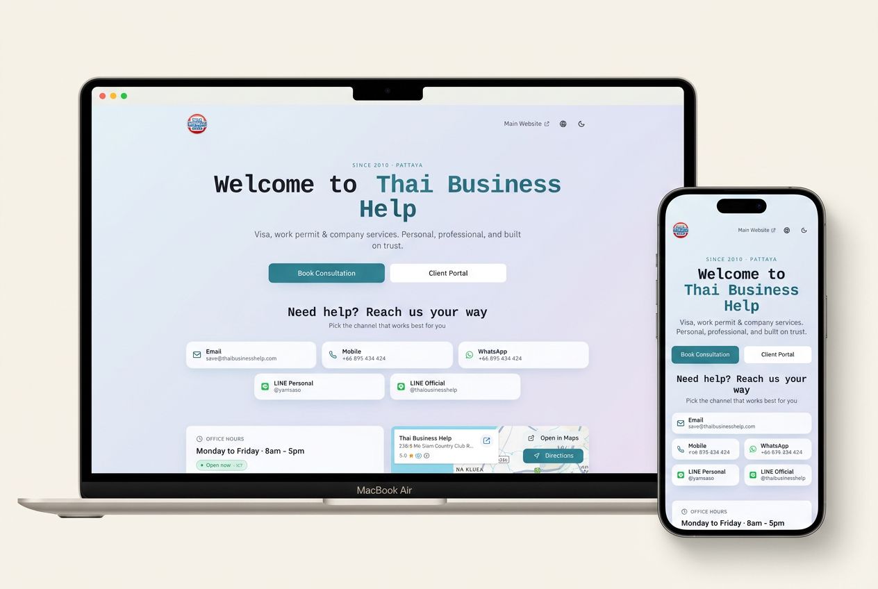 Live desktop and mobile screenshots of the TBH Client Hub website shown side by side