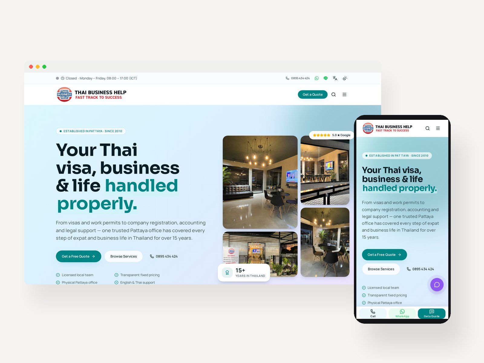 Live desktop and mobile screenshots of the Thai Business Help website shown side by side