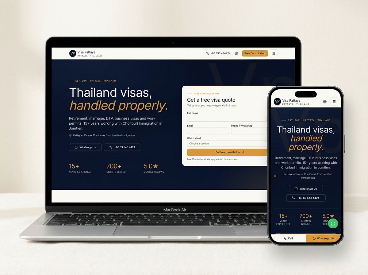 Live desktop and mobile screenshots of the Visa-Pattaya.com website shown side by side