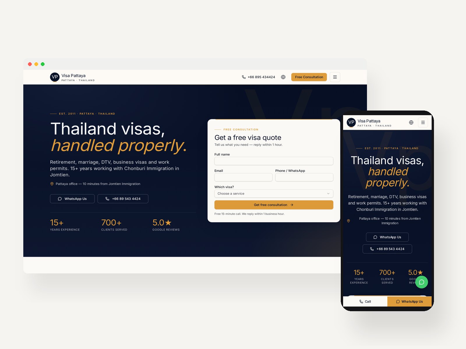 Live desktop and mobile screenshots of the Visa-Pattaya.com website shown side by side